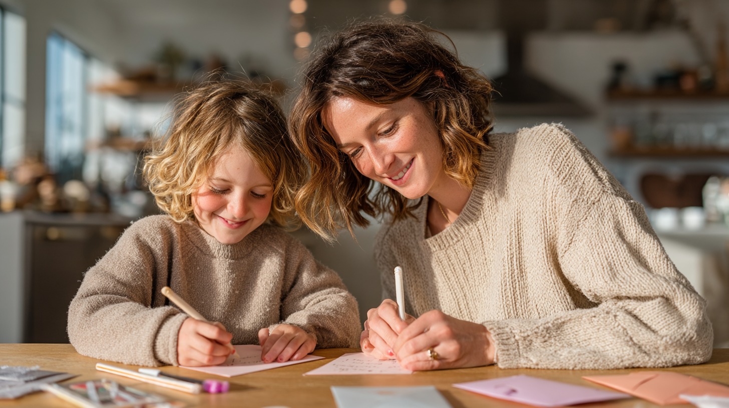 Parent helping child write a letter